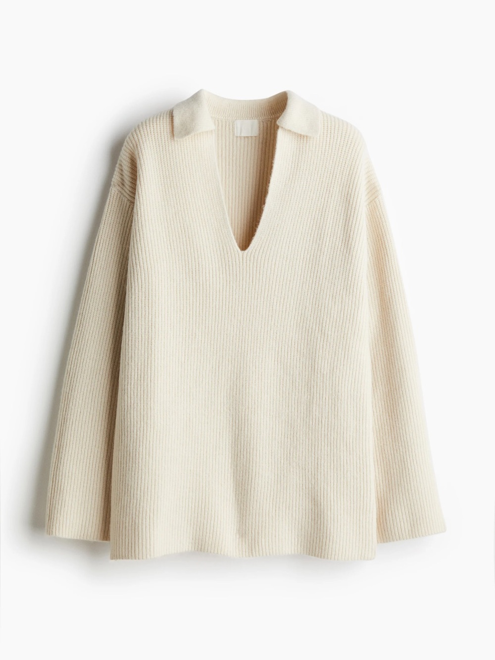 H&M Cream Collared V-Neck Ribbed Over Sized Sweater